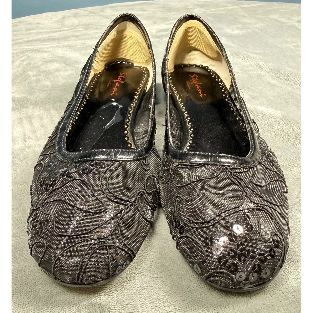 Stefani Collection Womens Flats 8.5M Black Lace Sequin Ballet Loafer